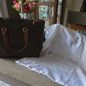 Michael Kors Brown and Tan Logo Tote with MK Charm